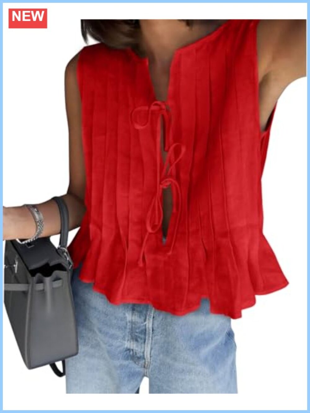 Womens Bow Front Tie Tank Top Pleated Sleeveless Babydoll Shirt Summer Cute